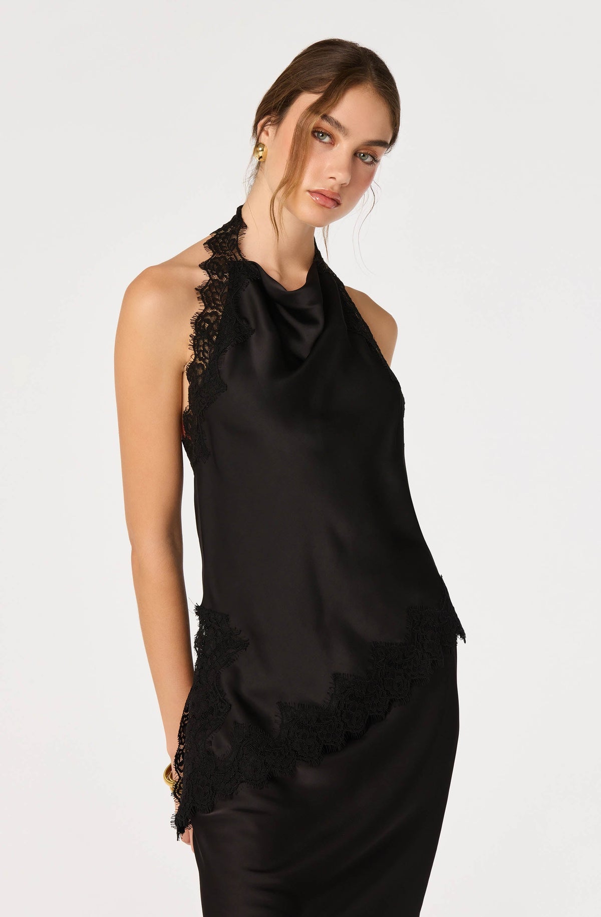 Lace Trim Halter Top in Black — view 1
