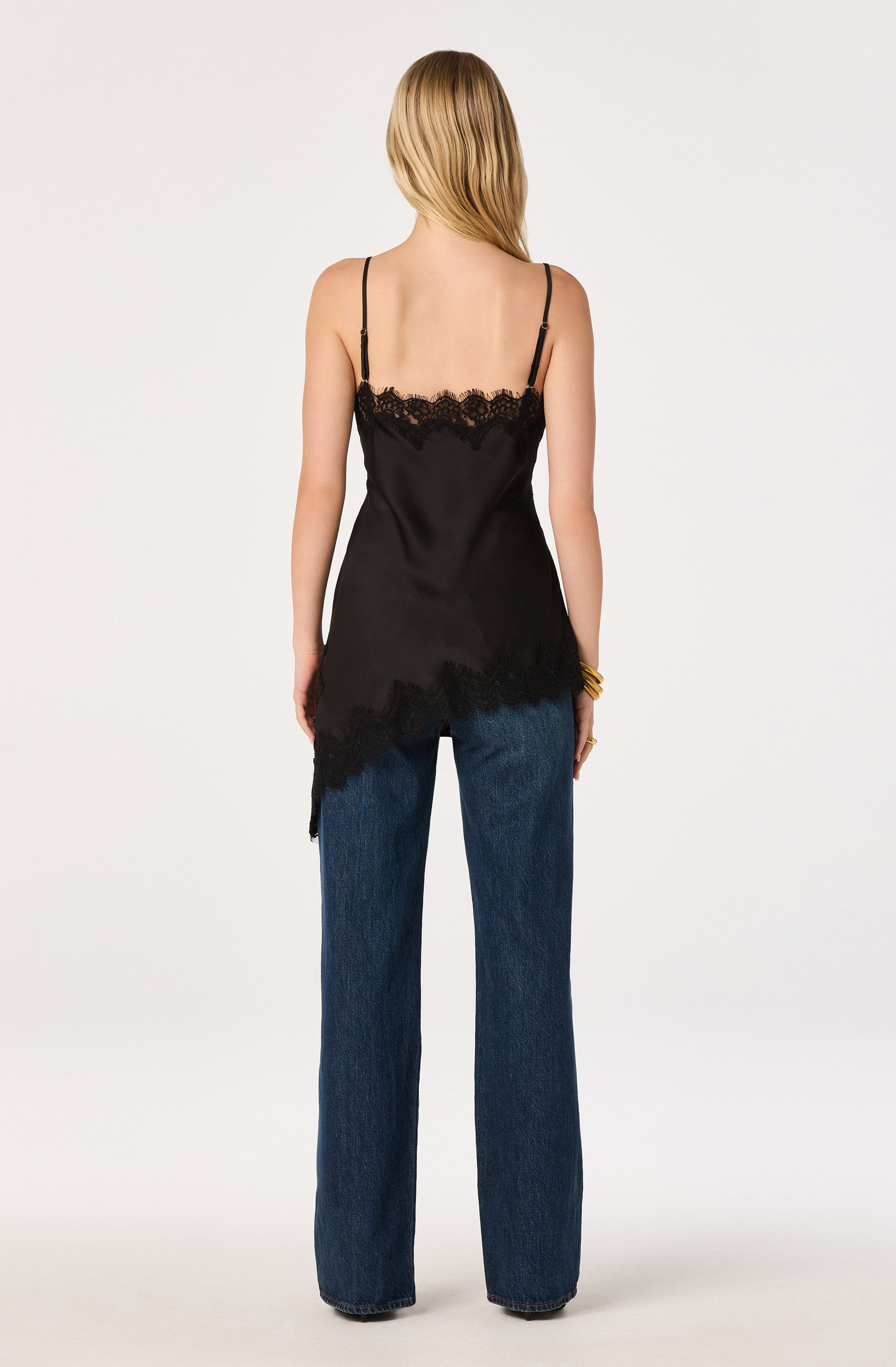 Laura Lace Trim Asymmetric Top in Black — view 3