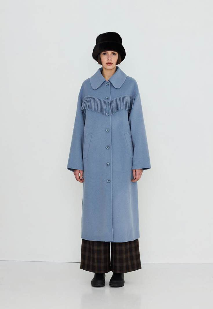 Frills Long Coat in Washed Blue