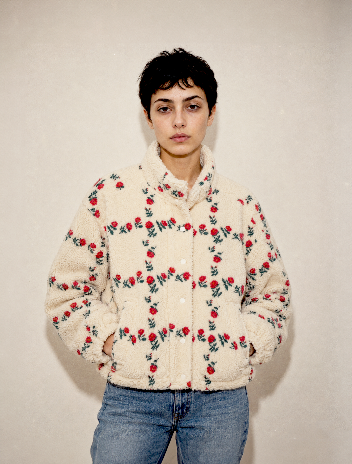 Roses Grid Sherpa Jacket in Light Cream
