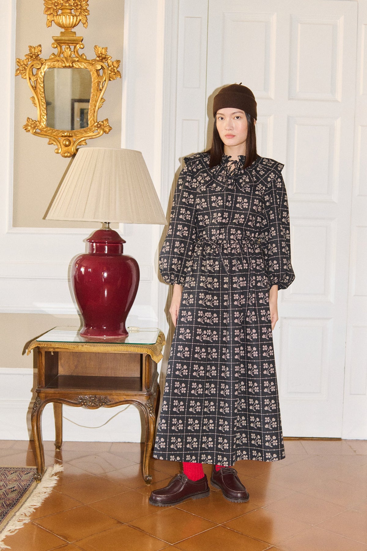 Dots Flowers Puff Sleeves Blouse in Navy — view 6