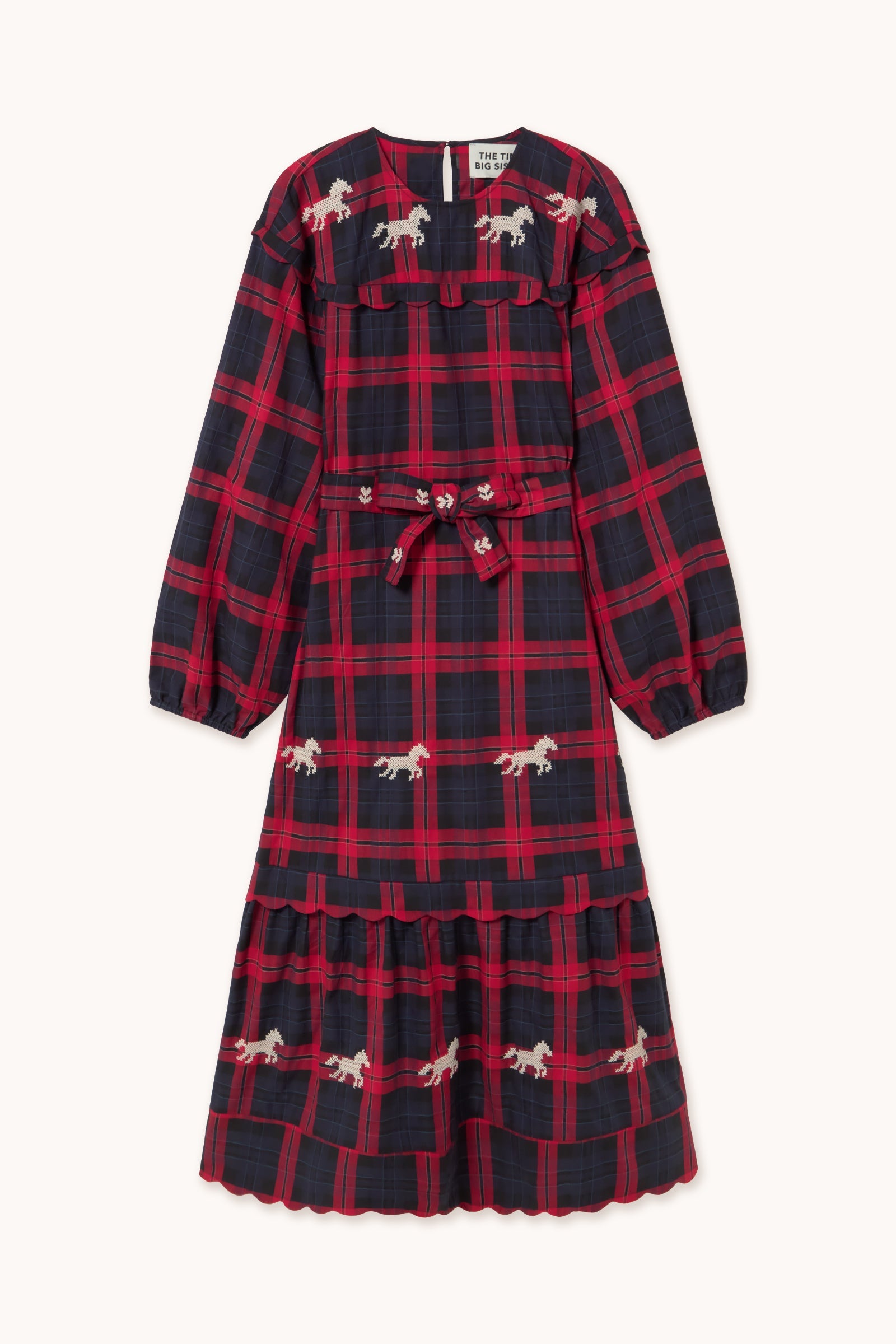 The Tiny Big Sister Embroidered Check Dress in Navy and Dark Red - view 1
