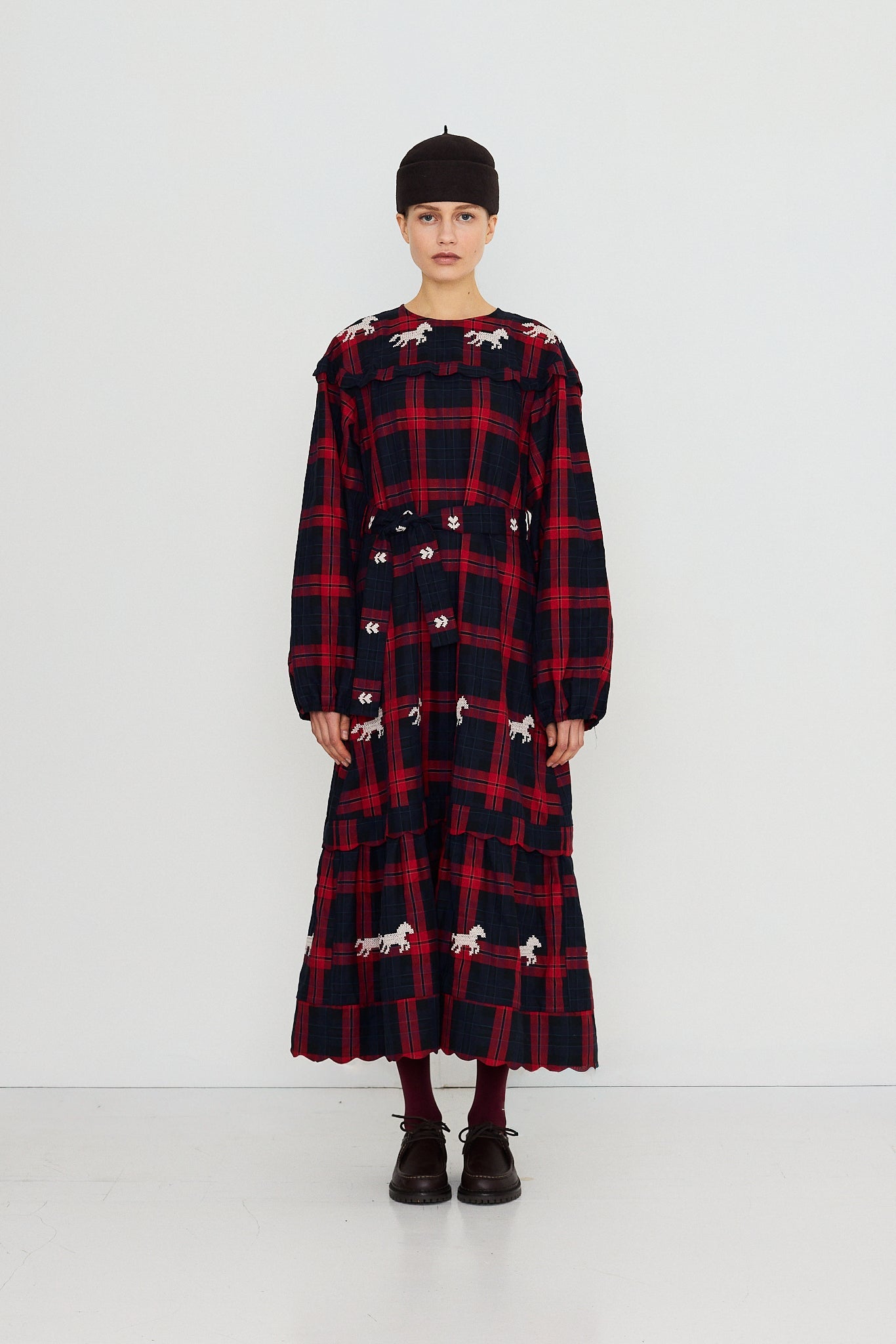 The Tiny Big Sister Embroidered Check Dress in Navy and Dark Red - view 4