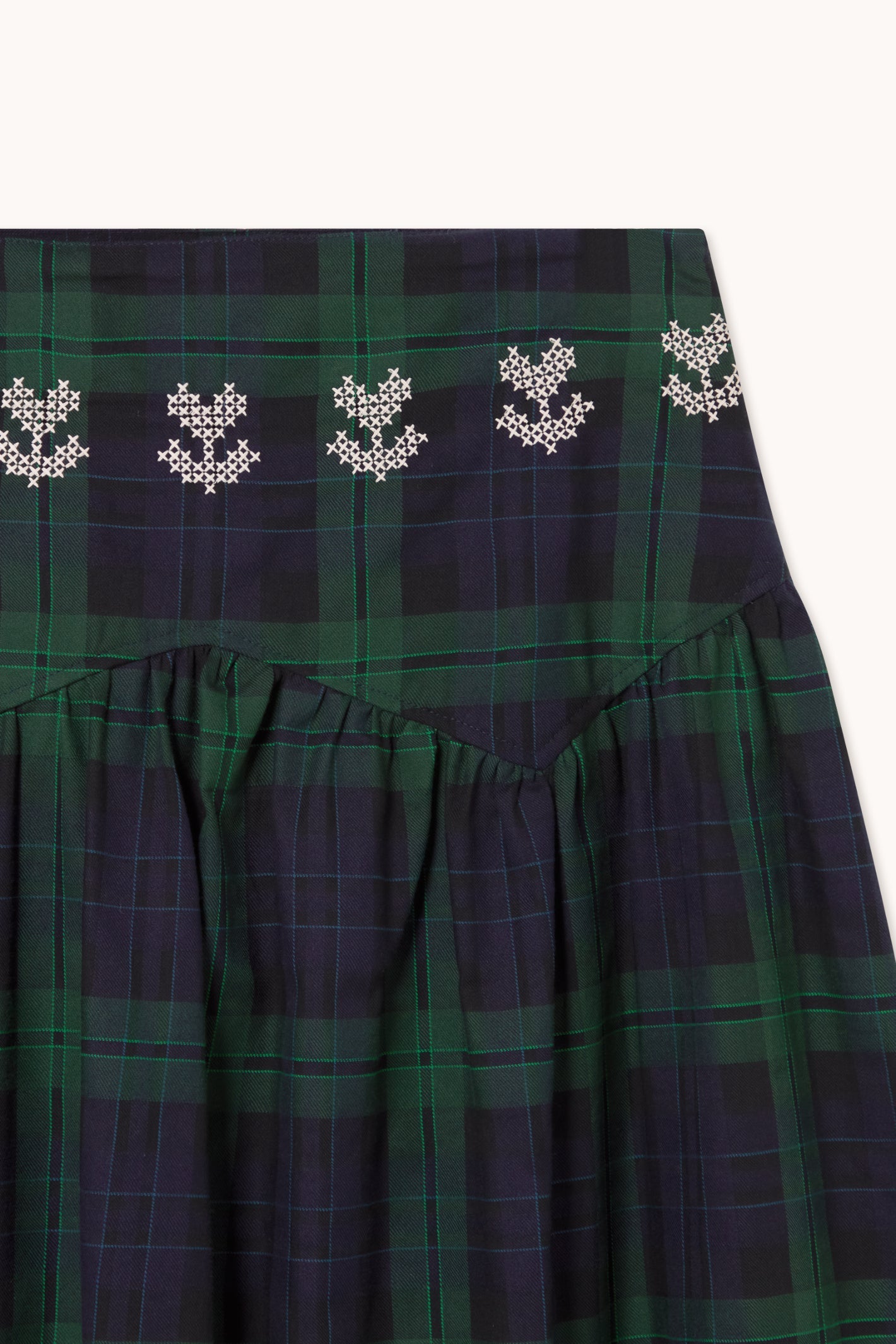 Embroidered Check Skirt in Navy and Dark Green — The Tiny Big Sister — view 3