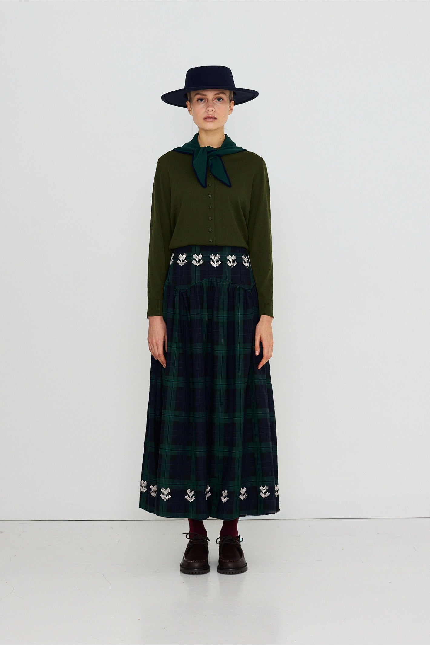 Embroidered Check Skirt in Navy and Dark Green — The Tiny Big Sister — view 4