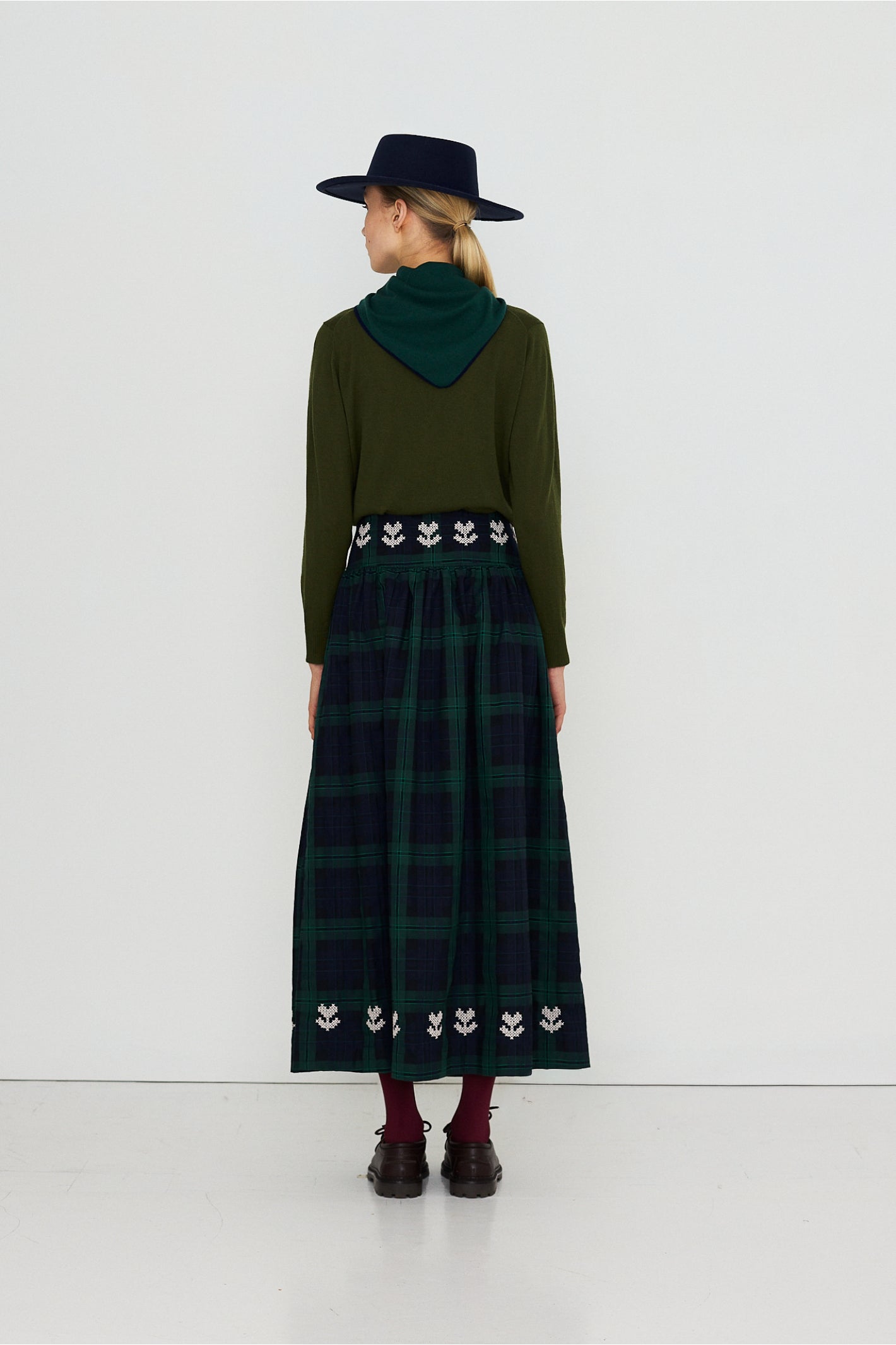 Embroidered Check Skirt in Navy and Dark Green — The Tiny Big Sister — view 5