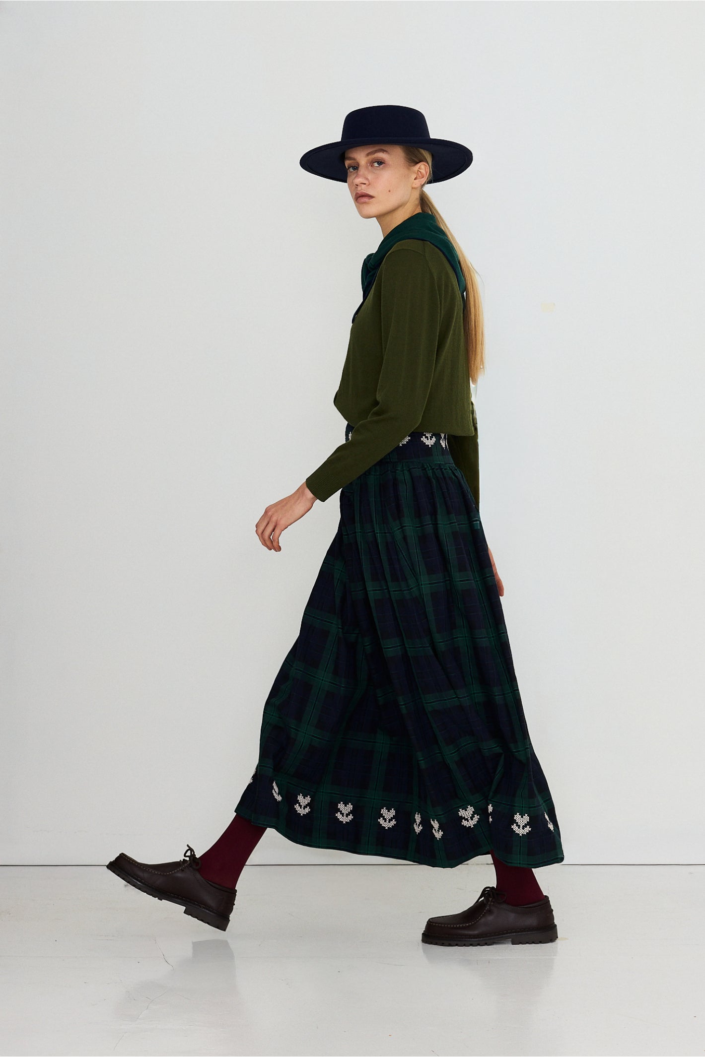 Embroidered Check Skirt in Navy and Dark Green — The Tiny Big Sister — view 6