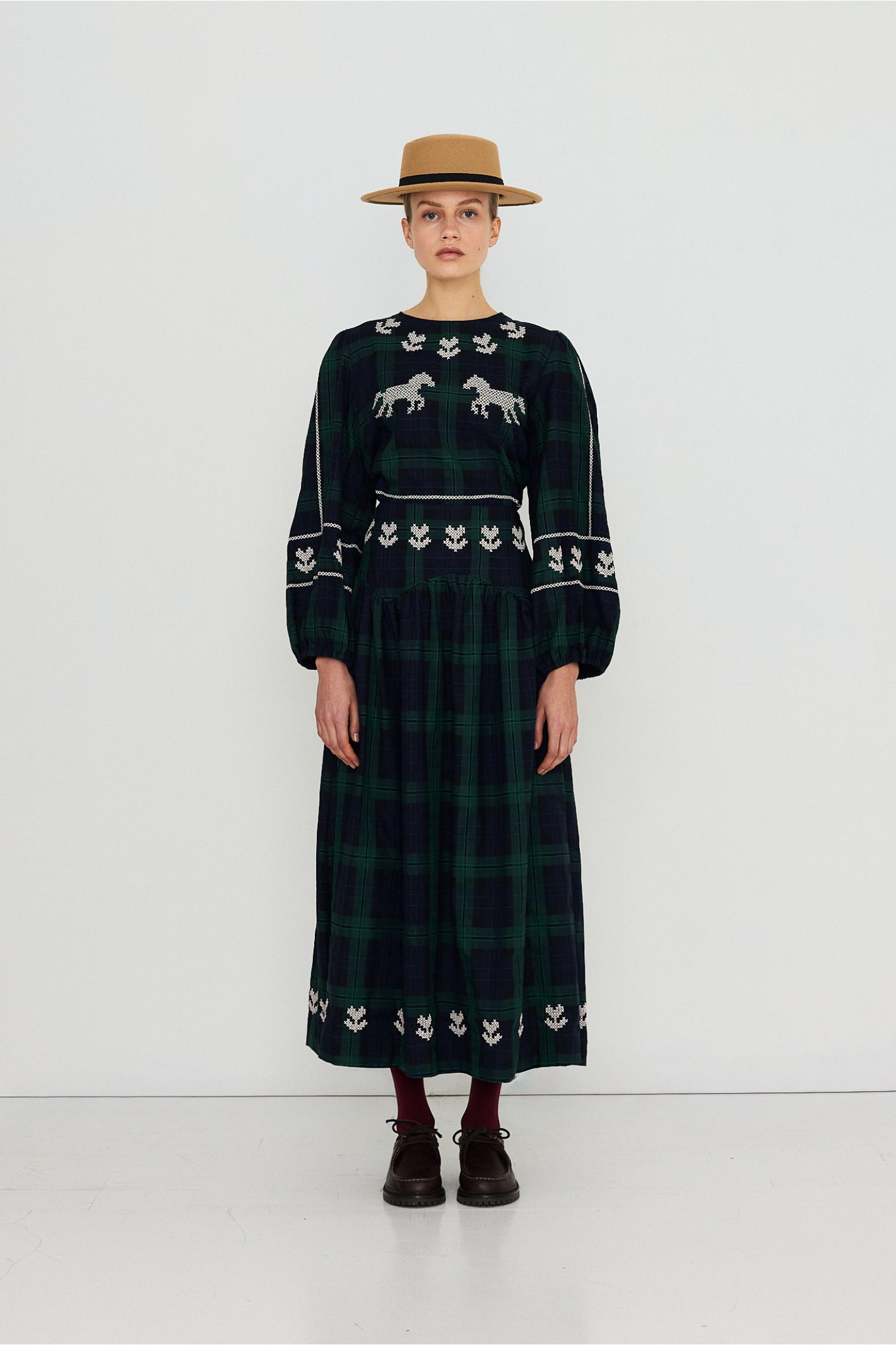 Embroidered Check Skirt in Navy and Dark Green — The Tiny Big Sister — view 7