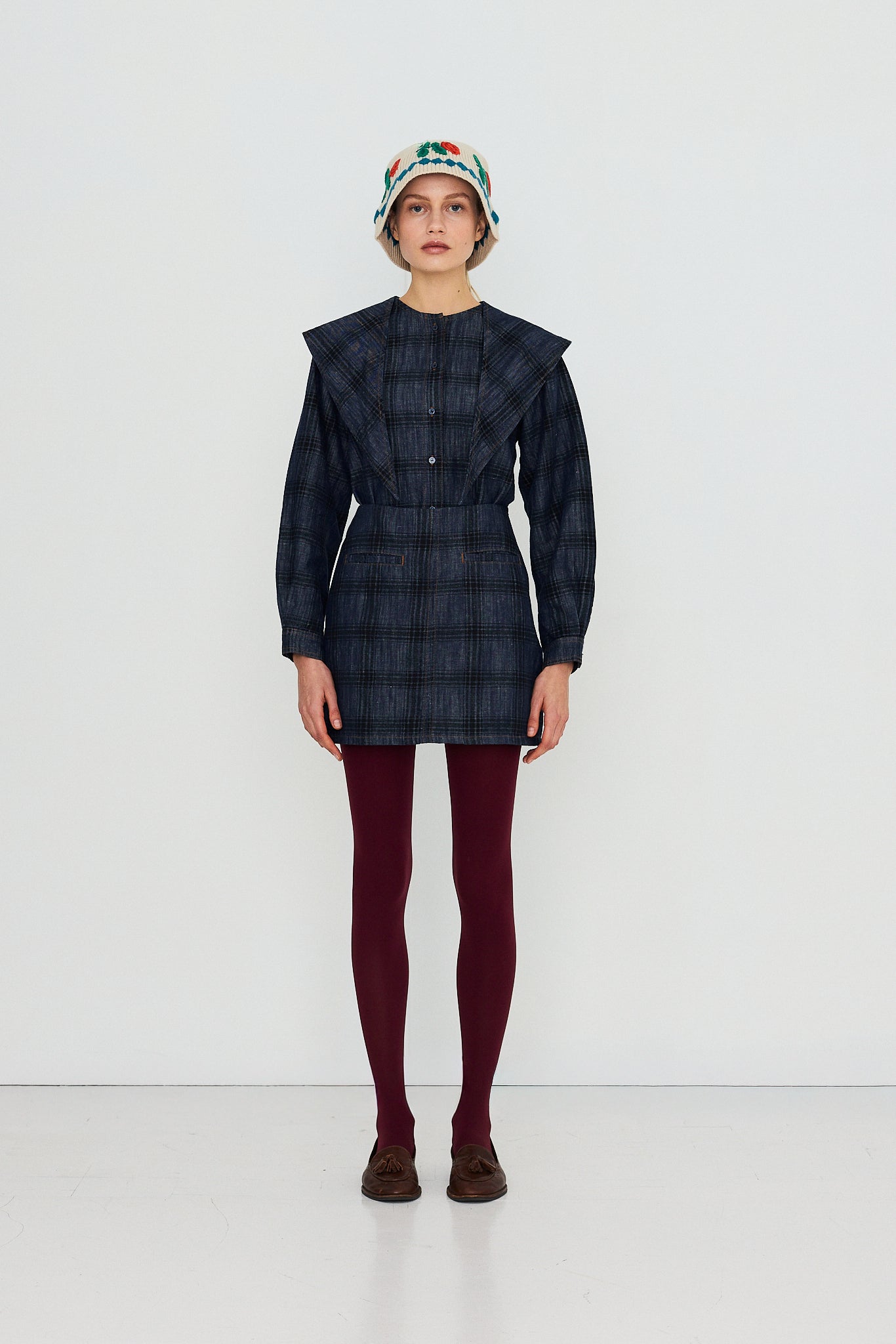 Tinycottons Check Denim Mini Skirt in Light Navy — welt pocket and topstitch detail
