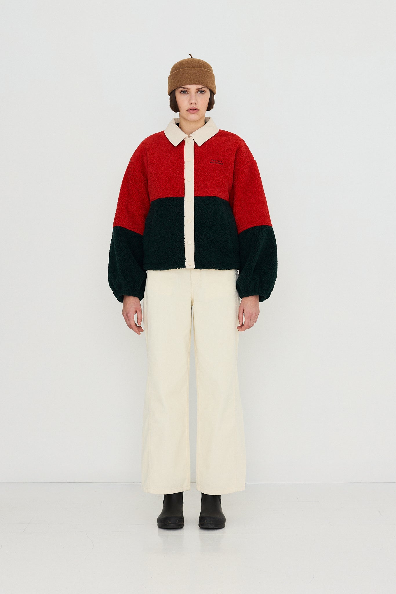 Tinycottons Colour Blocked Sherpa Jacket in Dark Red and Ink Blue — collar and placket detail