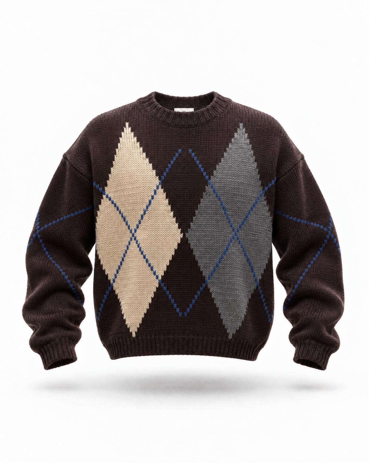 Argyle Roll Neck Pullover Sweater in Brown Multi — view 2