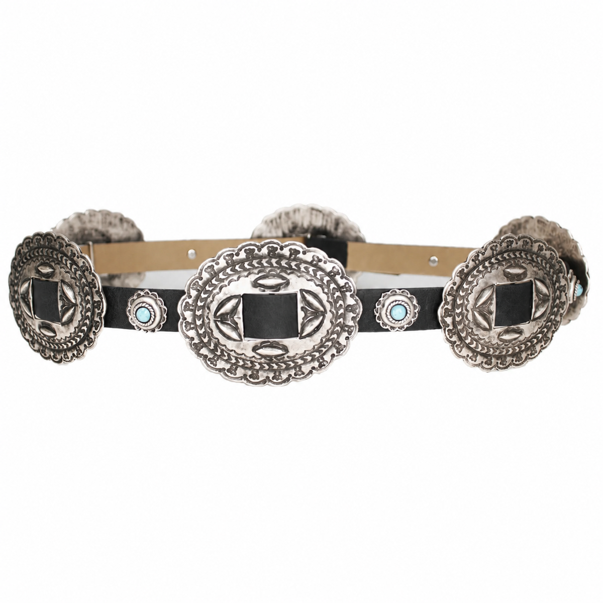 Denver Concho Belt in Black by Streets Ahead, laid flat