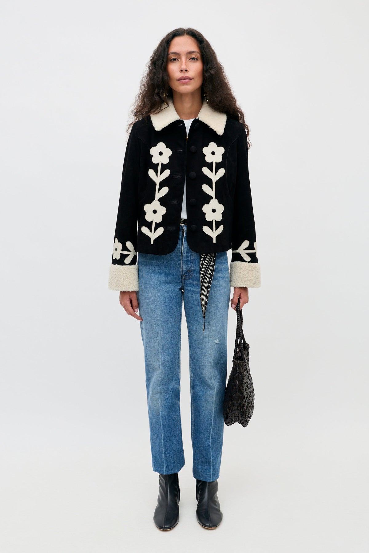Brodie Jacket in Retro Daisy Applique Embroidery Black — view 2
