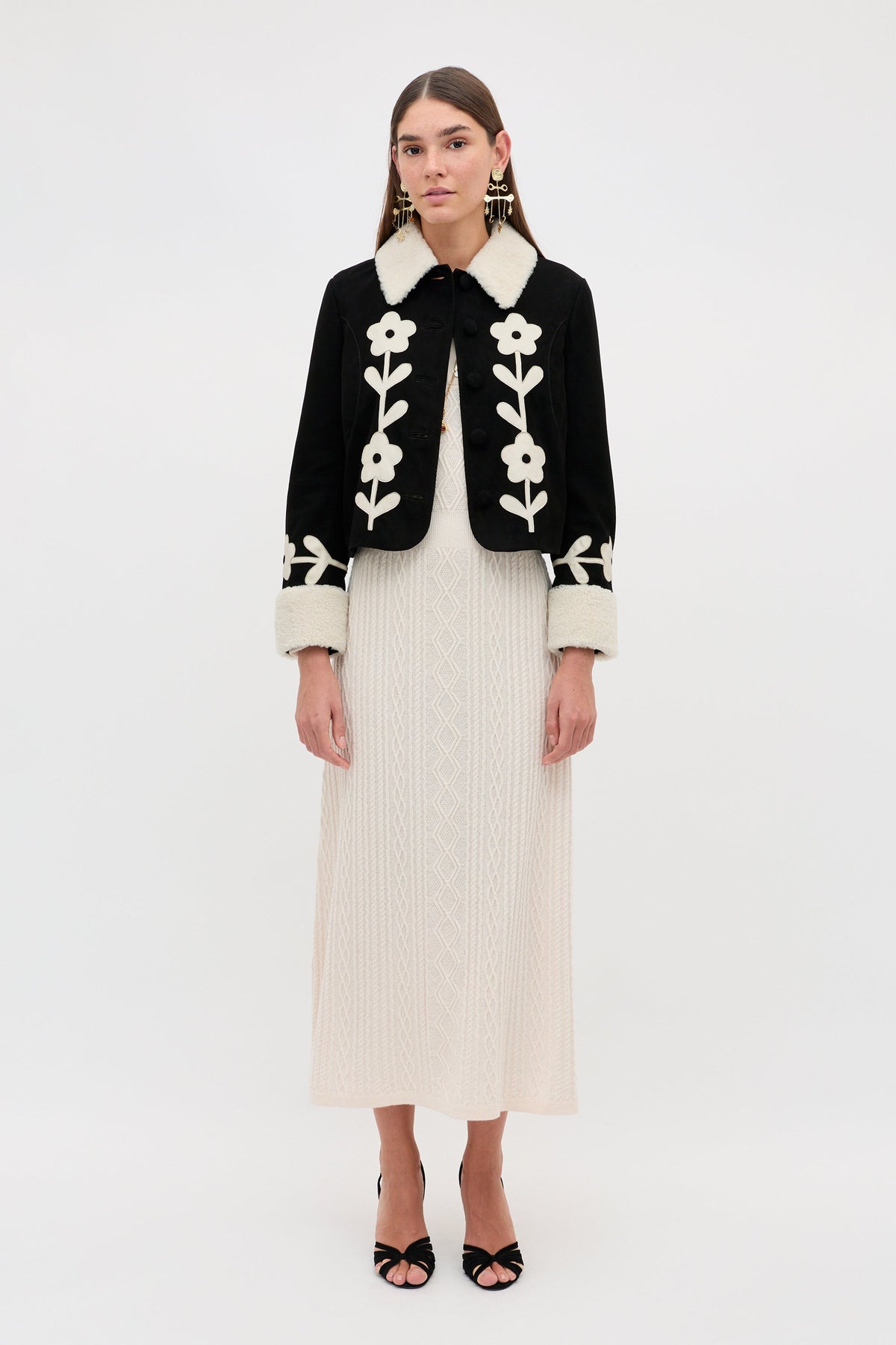 Brodie Jacket in Retro Daisy Applique Embroidery Black — view 1