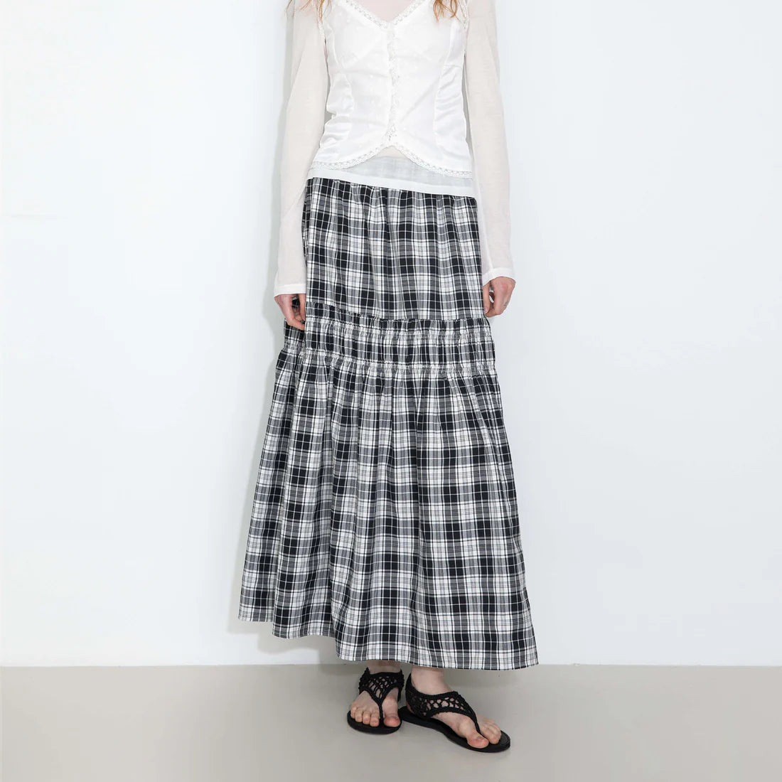 Elastic Drawstring High Waist Checked Skirt — view 4