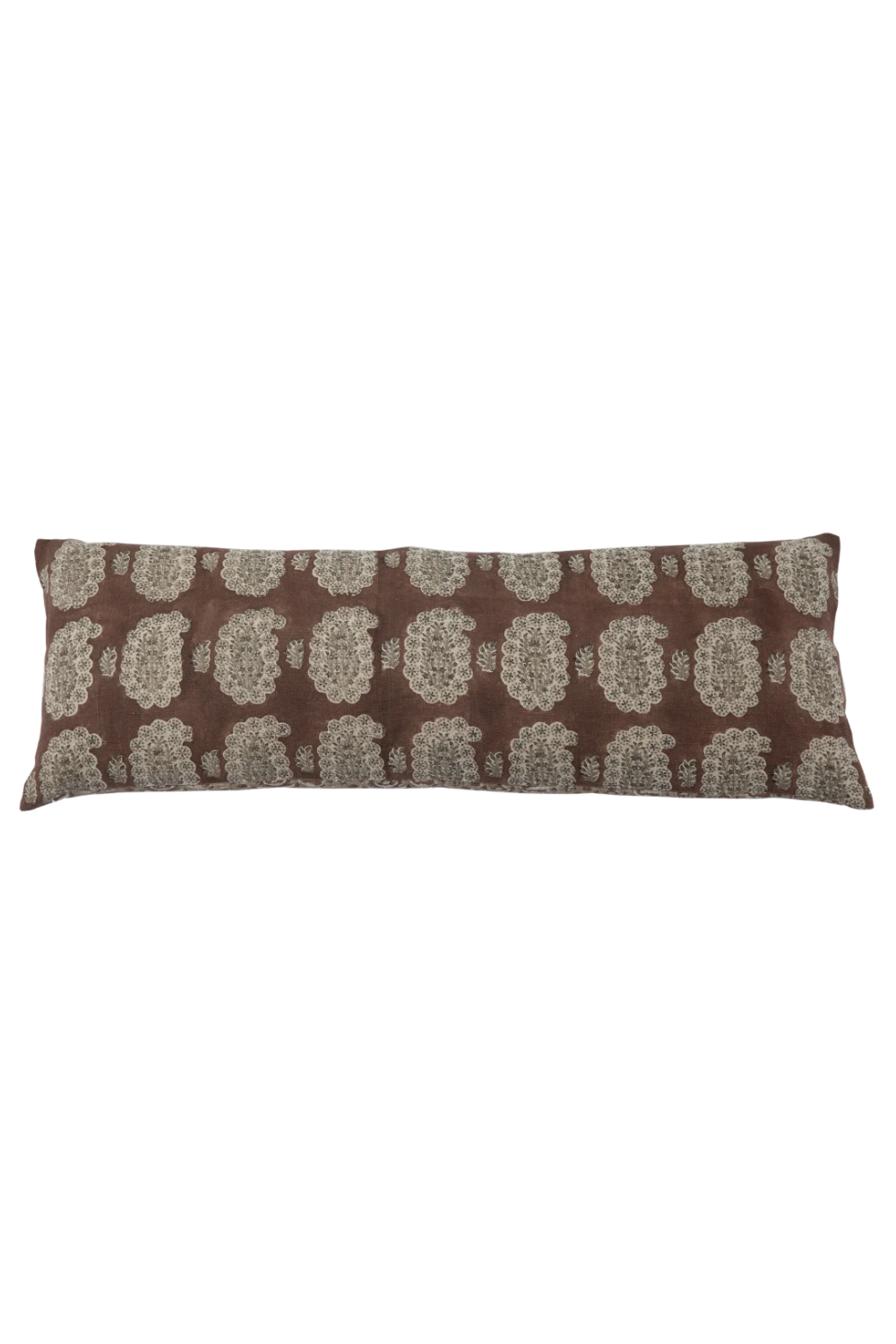 Long rectangular pillow with a brown and beige floral pattern on a white background