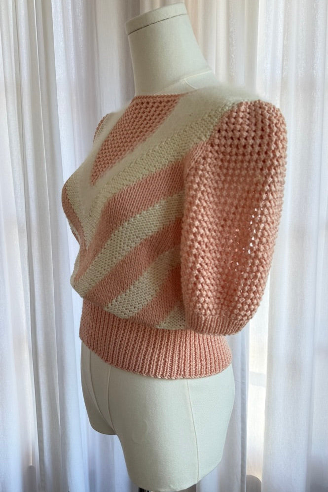 Vintage Pink and Cream Angora Knit Puff Sleeve Sweater