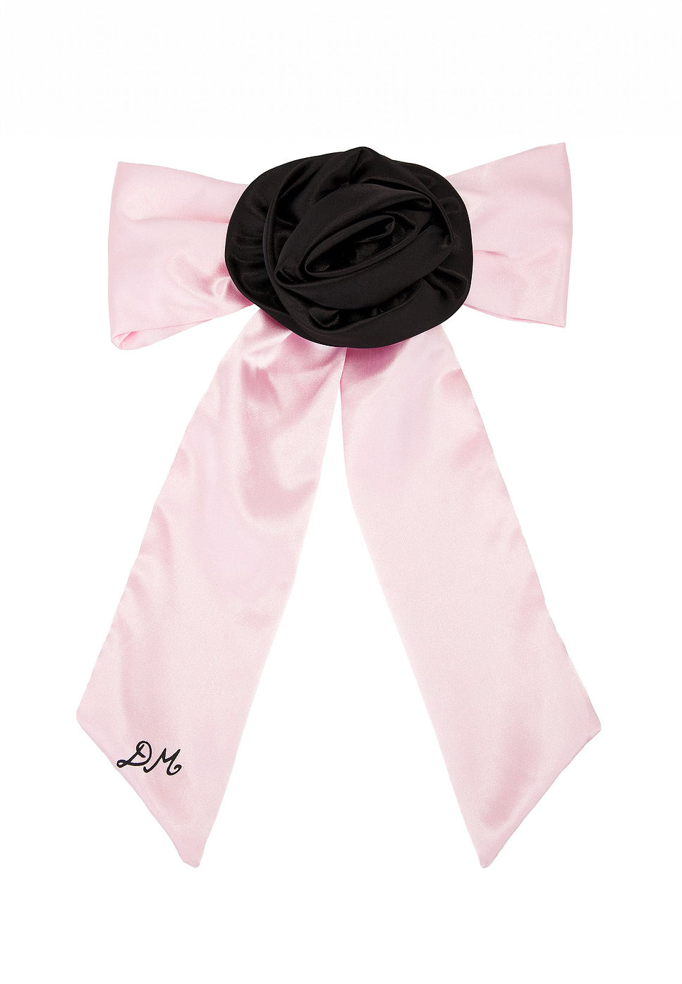 Damson Madder rosette bow hair clip in pink and black with red DM embroidery