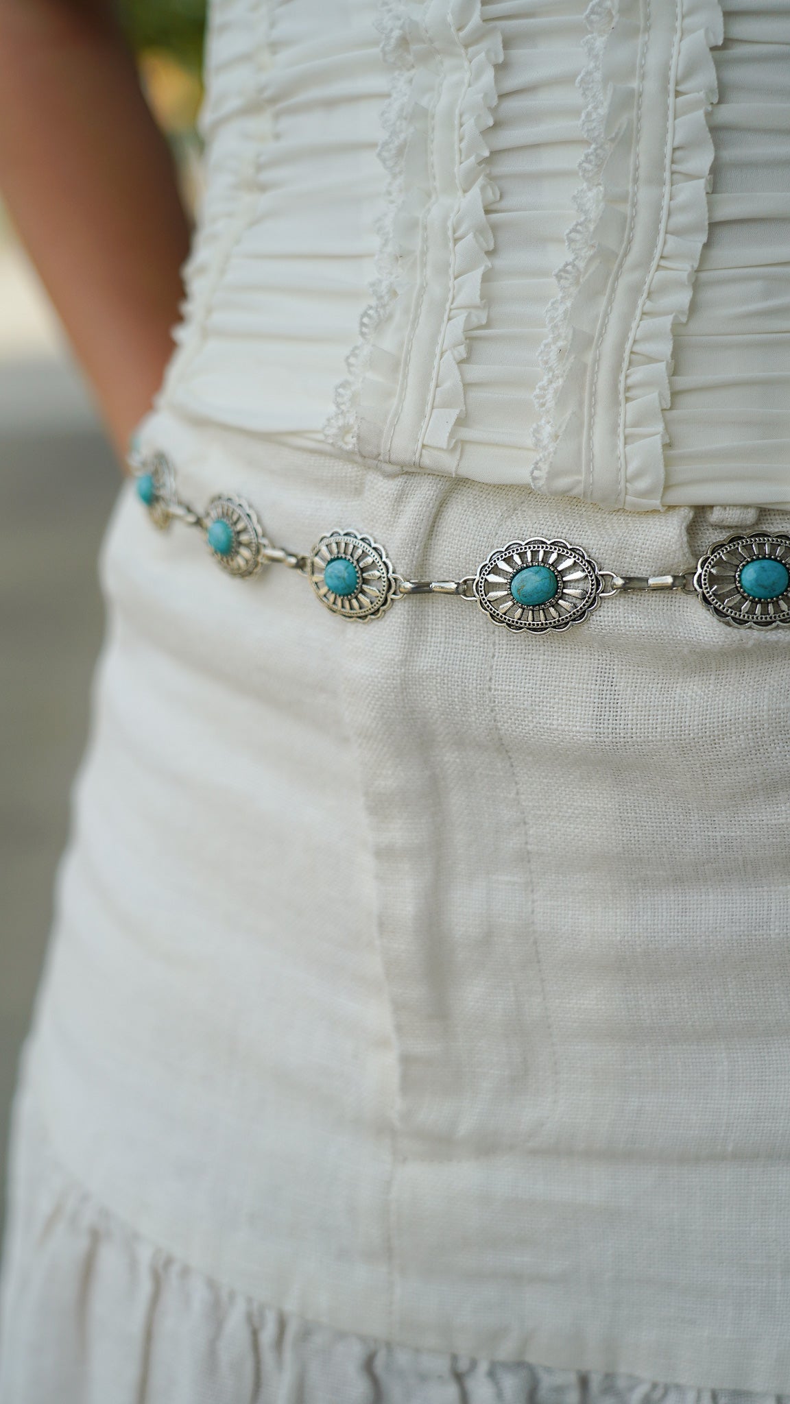 Small Turquoise Concho Chain Belt in Silver — view 2