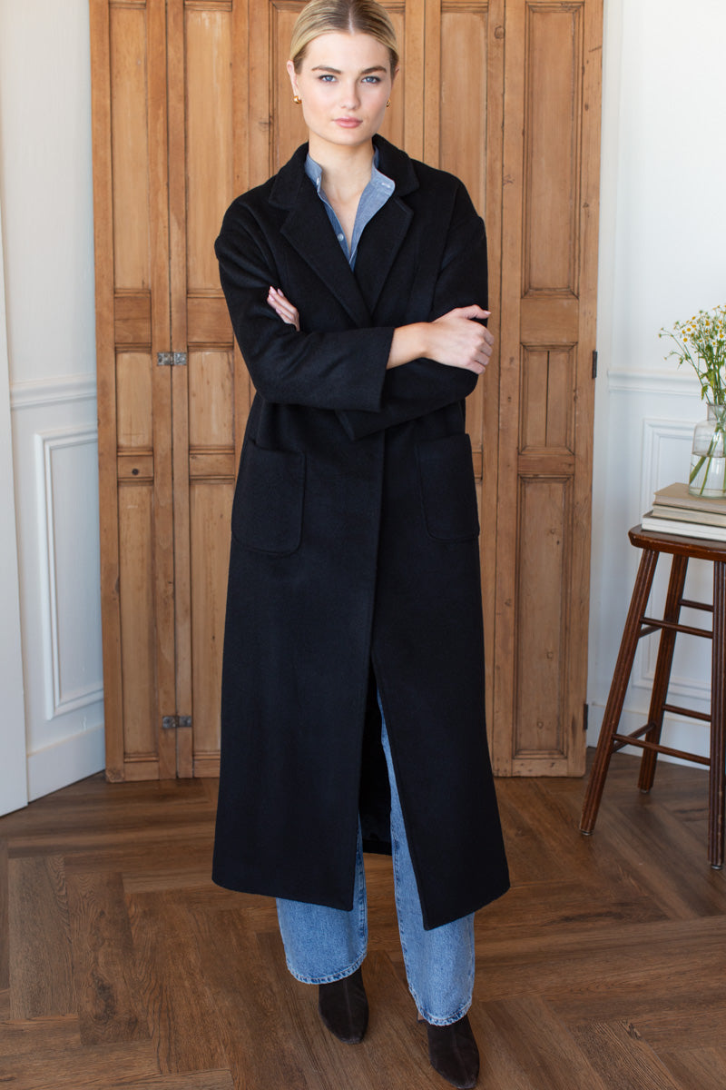 Drop Shoulder Long Coat in Black Wool — view 1