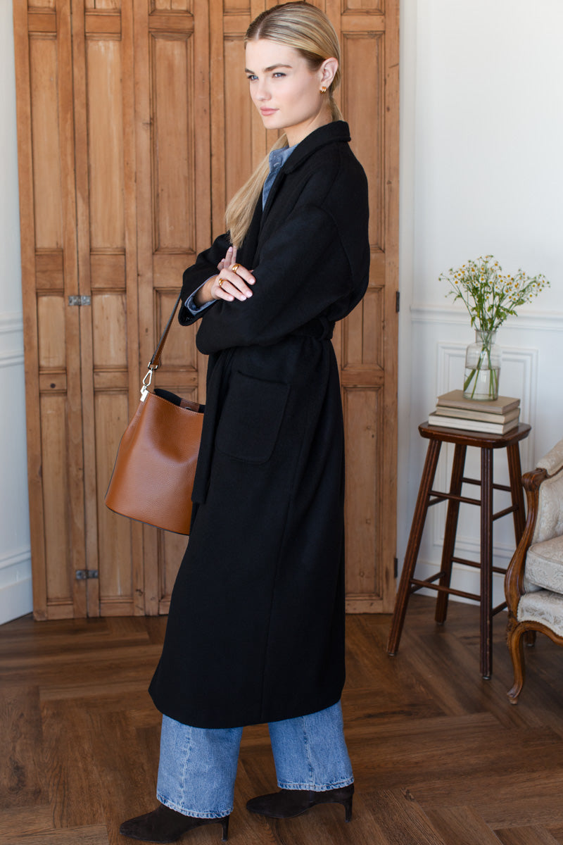 Drop Shoulder Long Coat in Black Wool — view 4