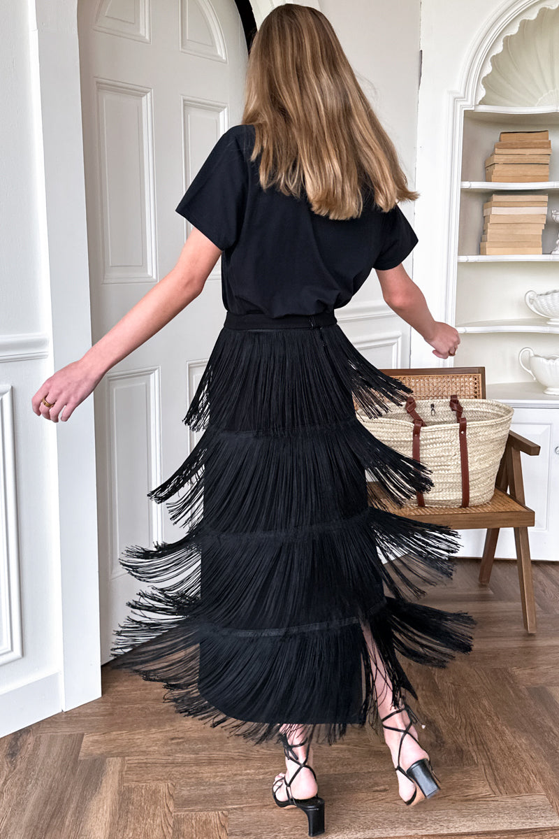 Fringe Midi Skirt in Black — view 9