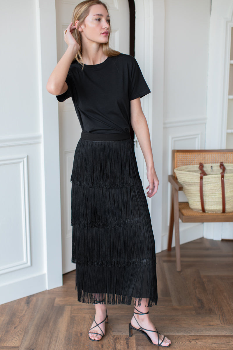 Fringe Midi Skirt in Black — view 3