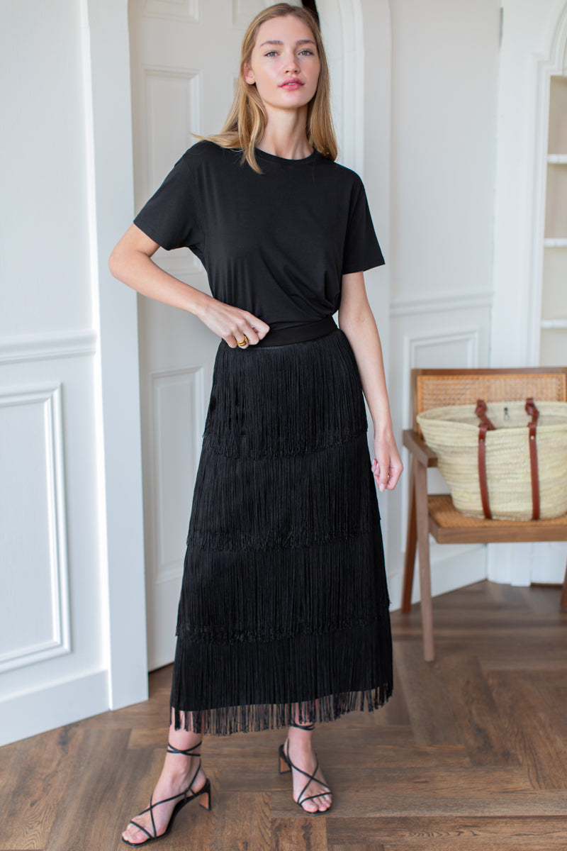 Fringe Midi Skirt in Black — view 7