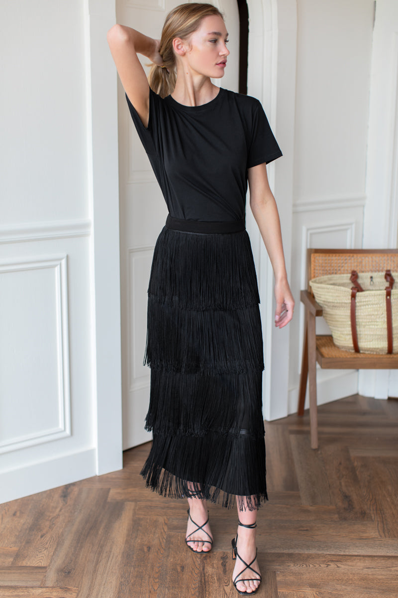 Fringe Midi Skirt in Black — view 1