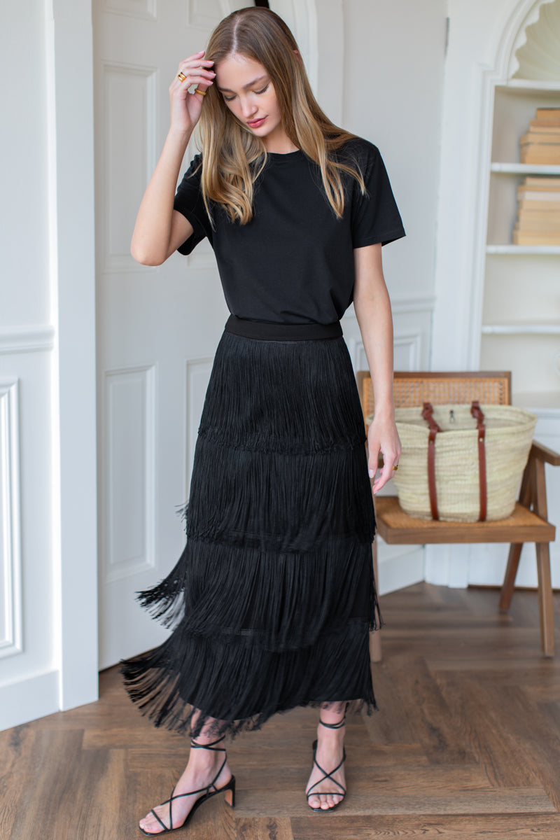 Fringe Midi Skirt in Black — view 5