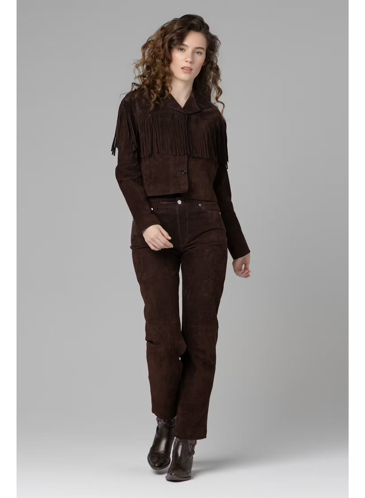 Real Suede Fringe Blazer in Iced Chocolate by BLANKNYC — full-length walking shot