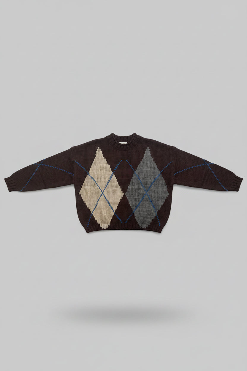 Argyle Roll Neck Pullover Sweater in Brown Multi