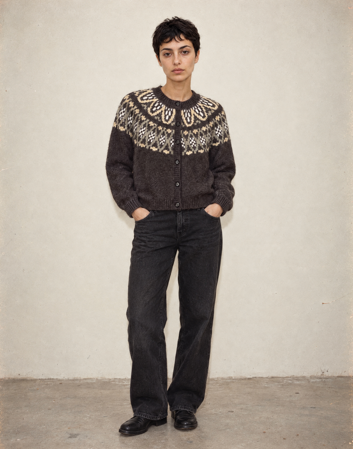 Irene Fair Isle Oversized Cardigan in Brown
