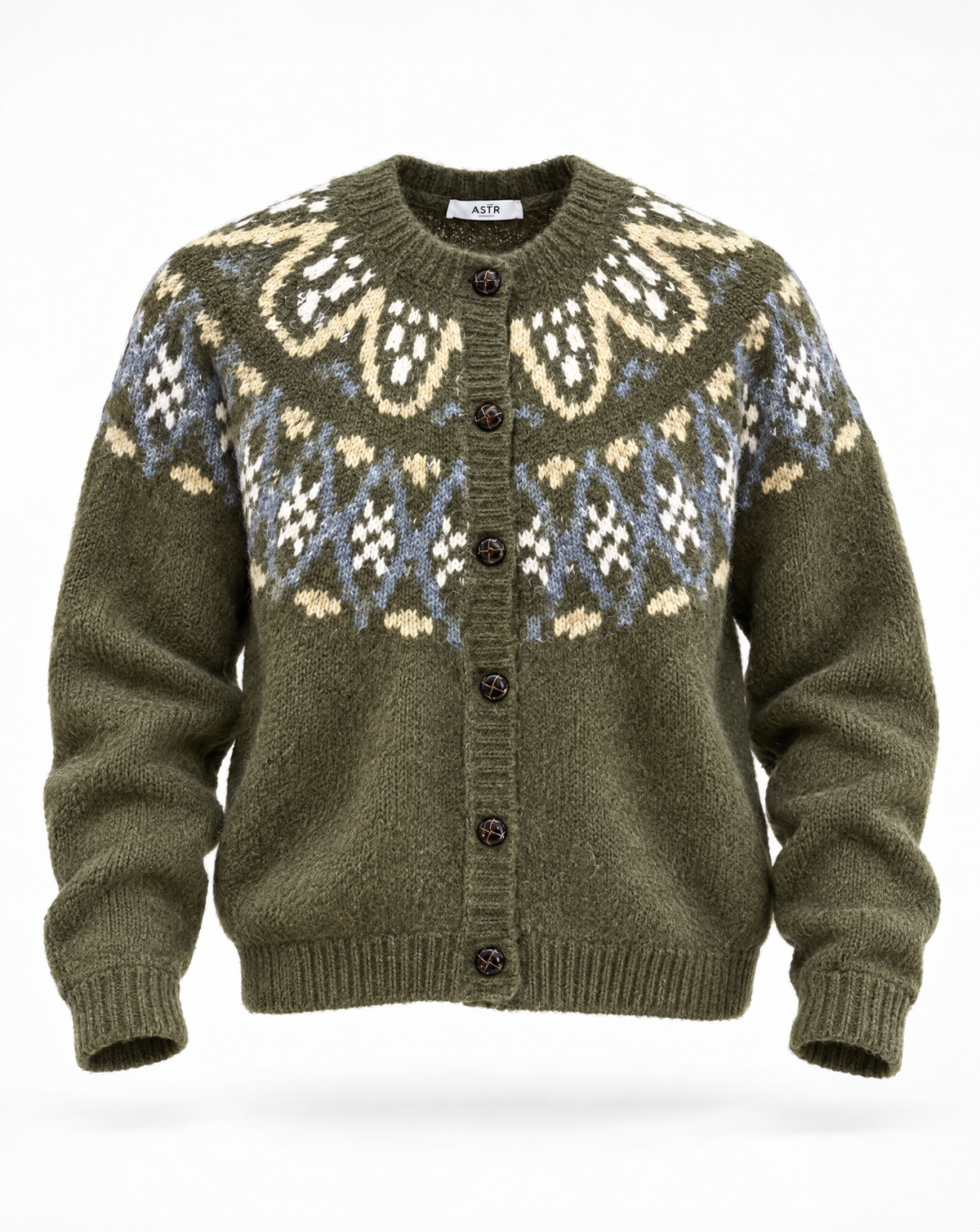Irene Fair Isle Oversized Cardigan in Olive