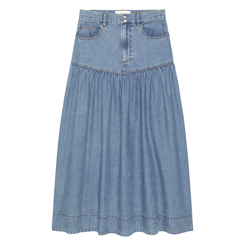 The Western Yoke Skirt in Denim front view