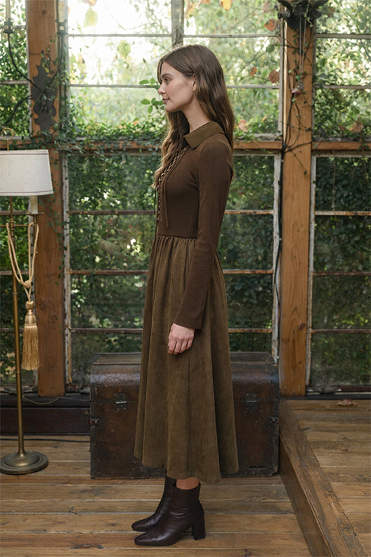 Contrast Lace-Up Tie Twofer Midi Dress in Olive — view 3
