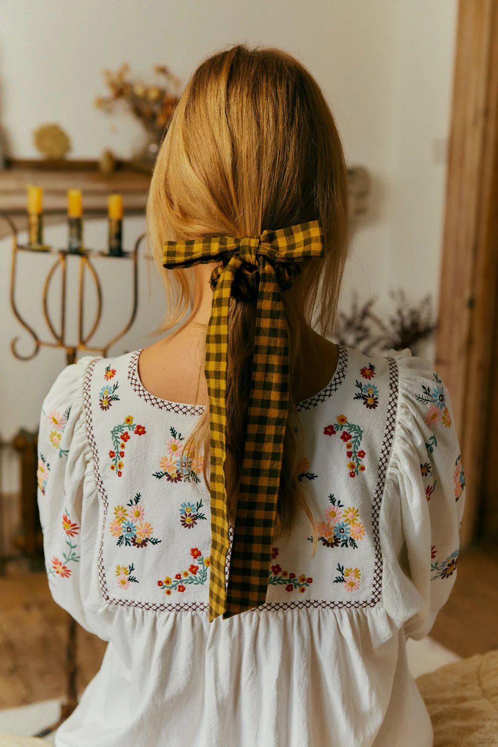 Long Bow Scrunchie in Toffee Gingham
