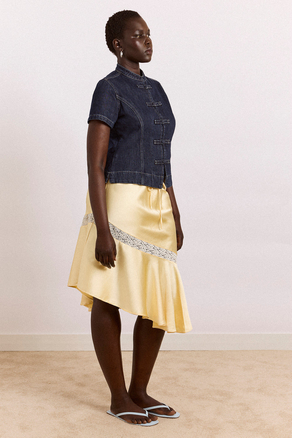 Delphia Satin Midi Skirt in Yellow — view 3