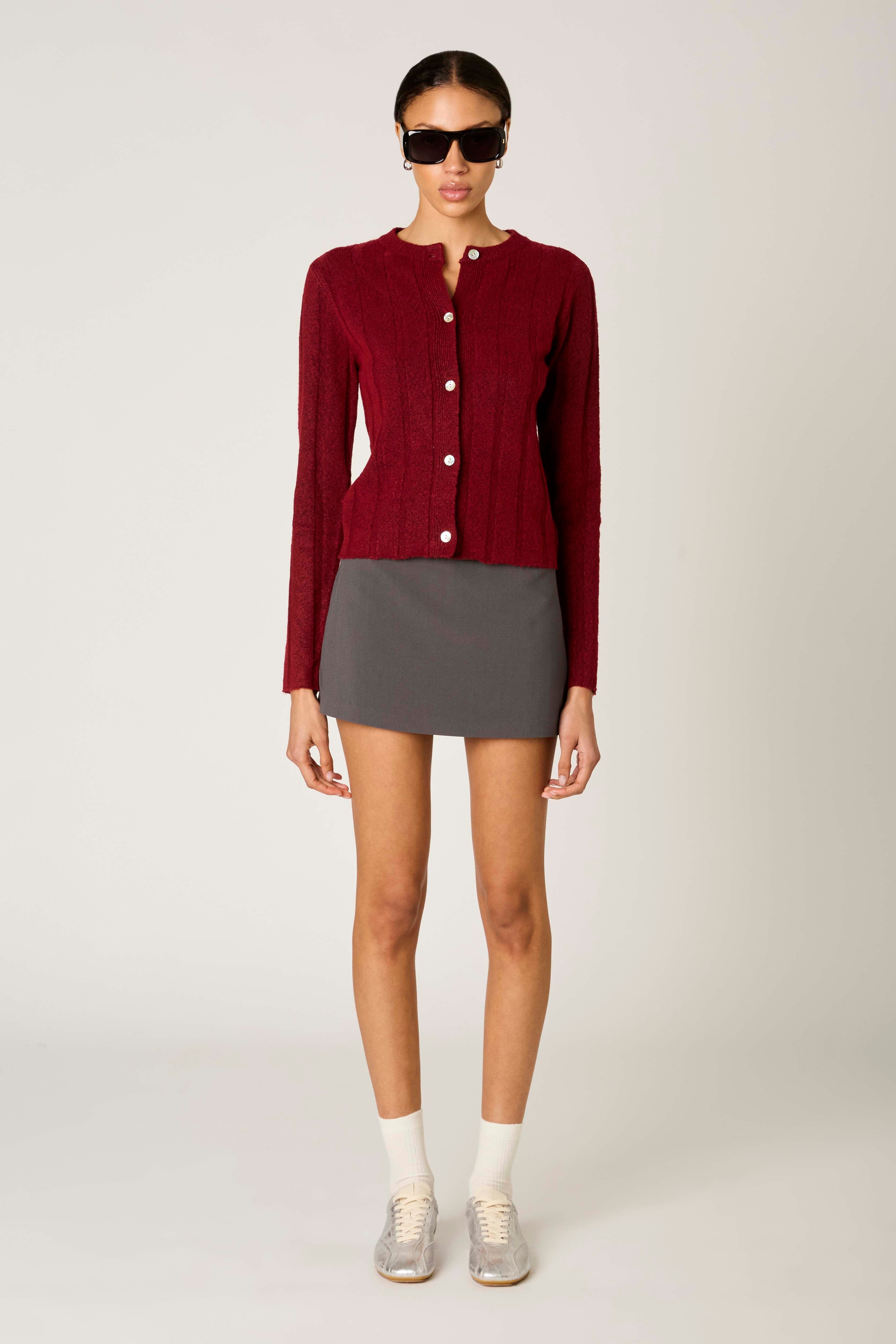 Manzanita Cardigan in Pinot buttoned front view