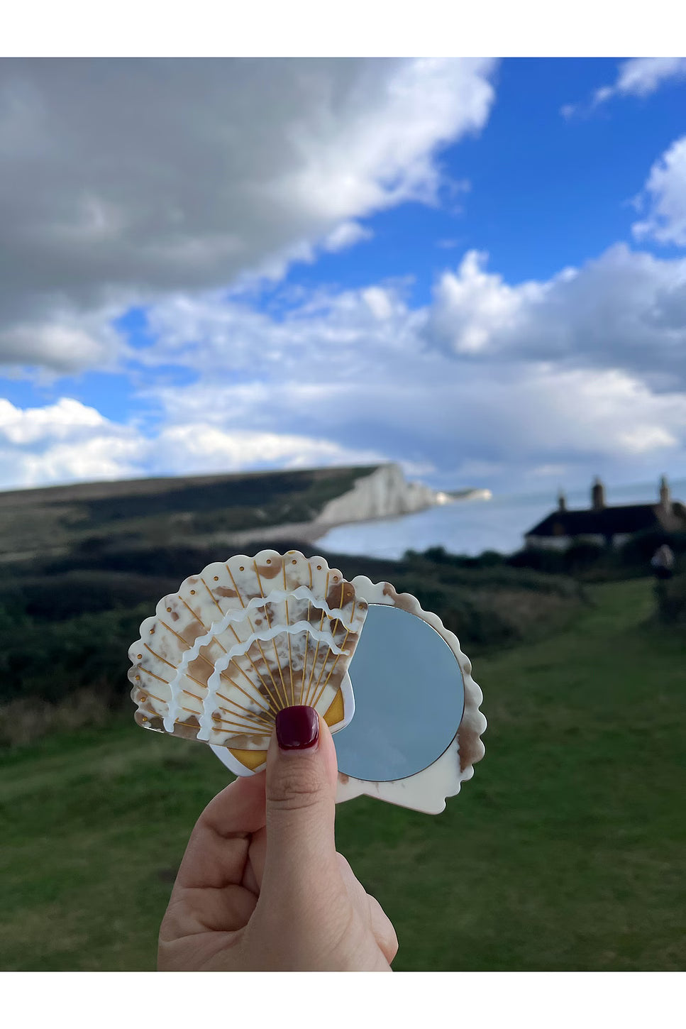 Solar Eclipse hand-painted seashell compact mirror, alternate view