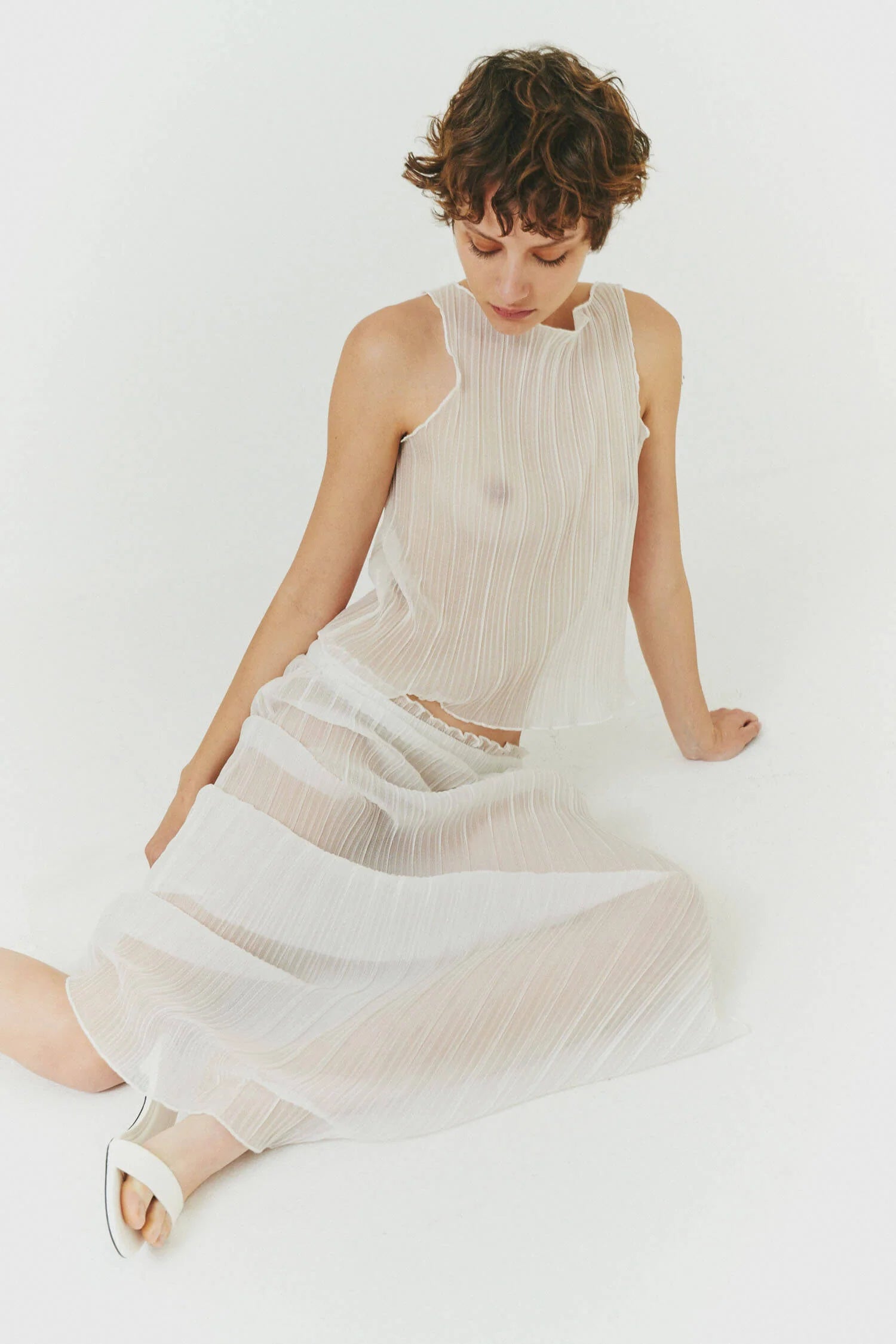 Pleated Lurex Ruched Midi Skirt in White — view 3