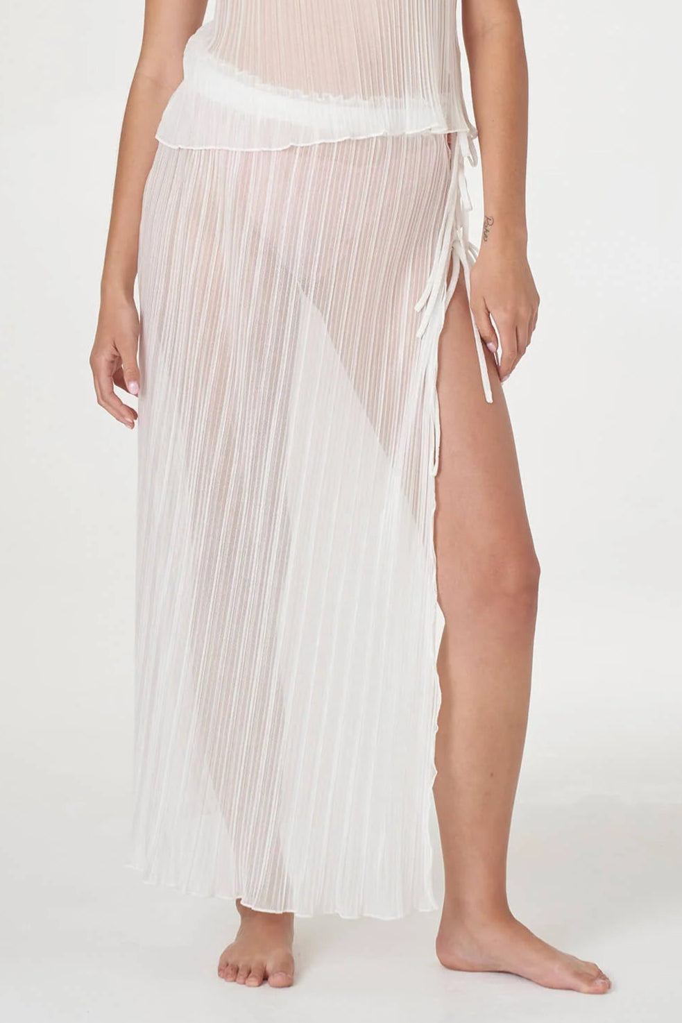 Pleated Lurex Ruched Midi Skirt in White