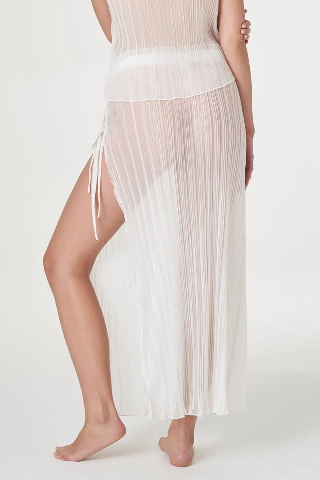 Pleated Lurex Ruched Midi Skirt in White