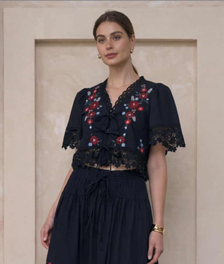 Embroidered Floral Flutter Sleeve Tie Front Top