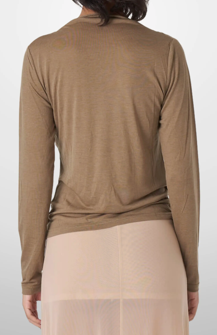 Cashmere Blend Ruched Boat Neck Long Sleeve in Olive