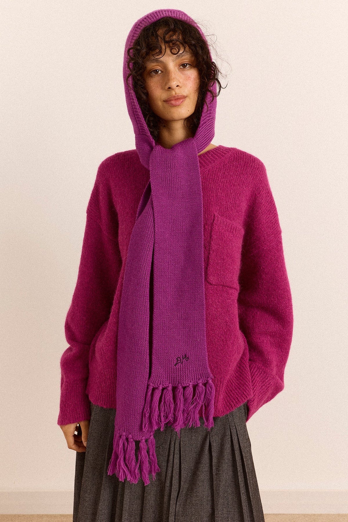 Tassel Hooded Scarf in Magenta, full length showing the tassel ends