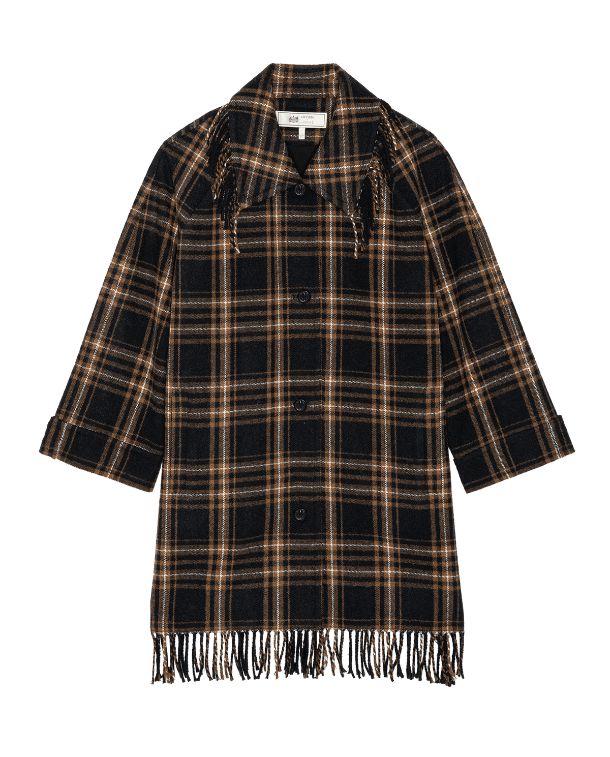 The Fringe Coat in Caramel and Black Frontier Plaid by The Great and Stetson — flat product shot