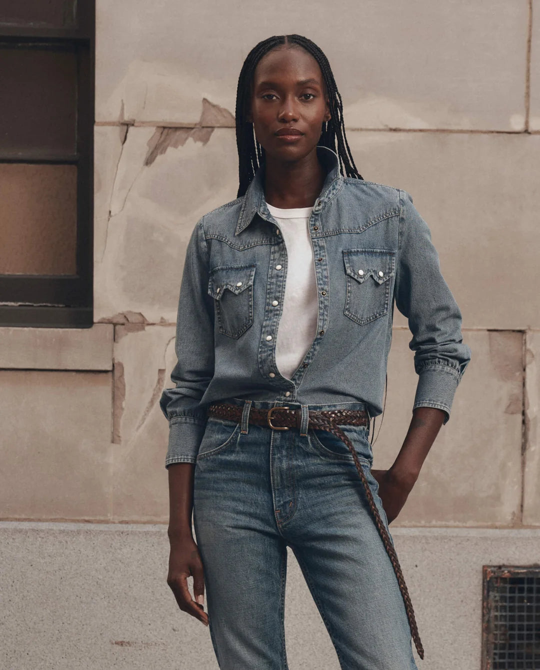 The Howdy Top in Denim styled view