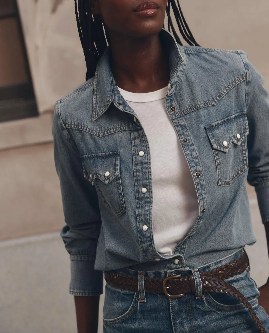 The Howdy Top in Denim styled view 3