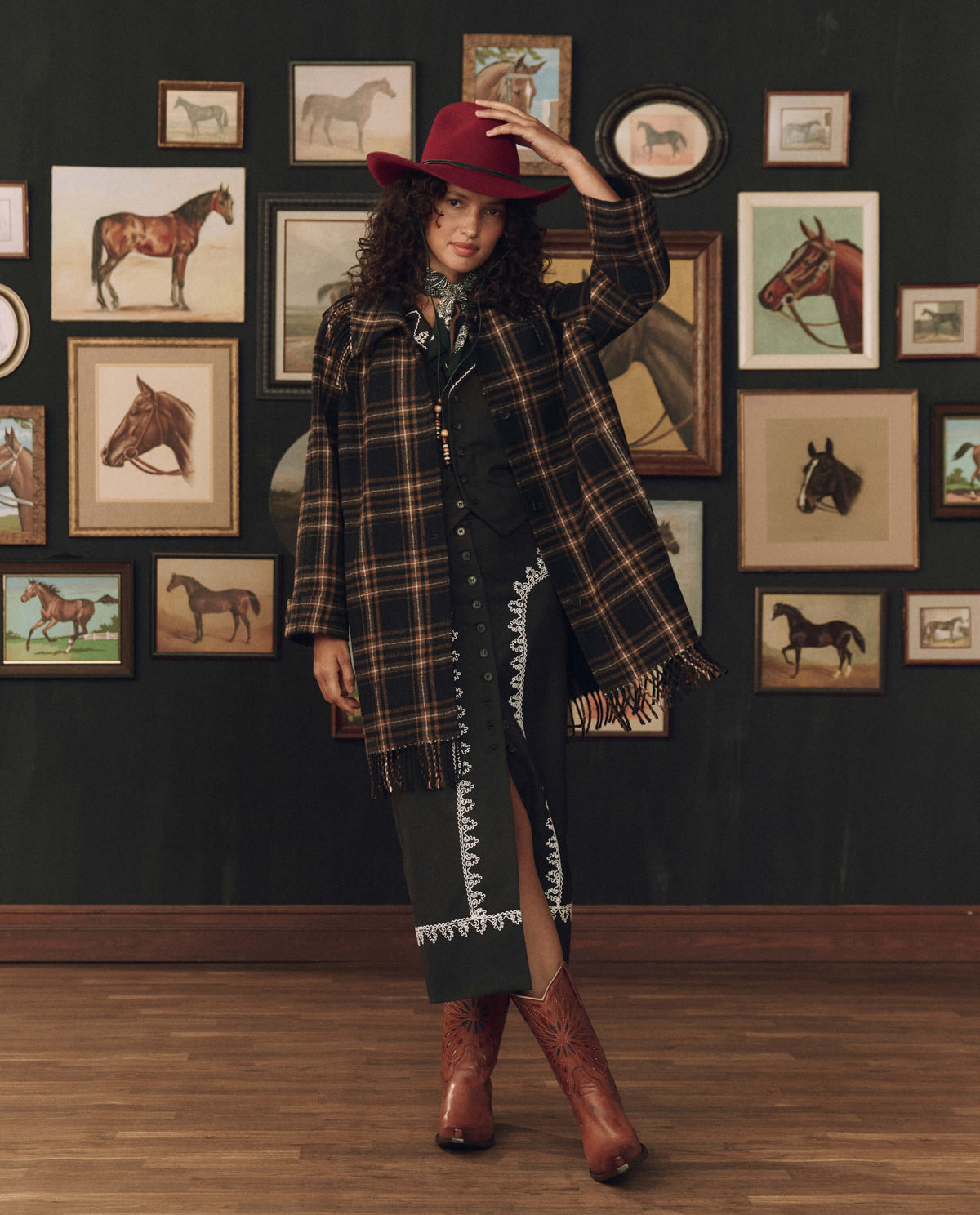 The Fringe Coat in Caramel and Black Frontier Plaid by The Great and Stetson — worn open, full length